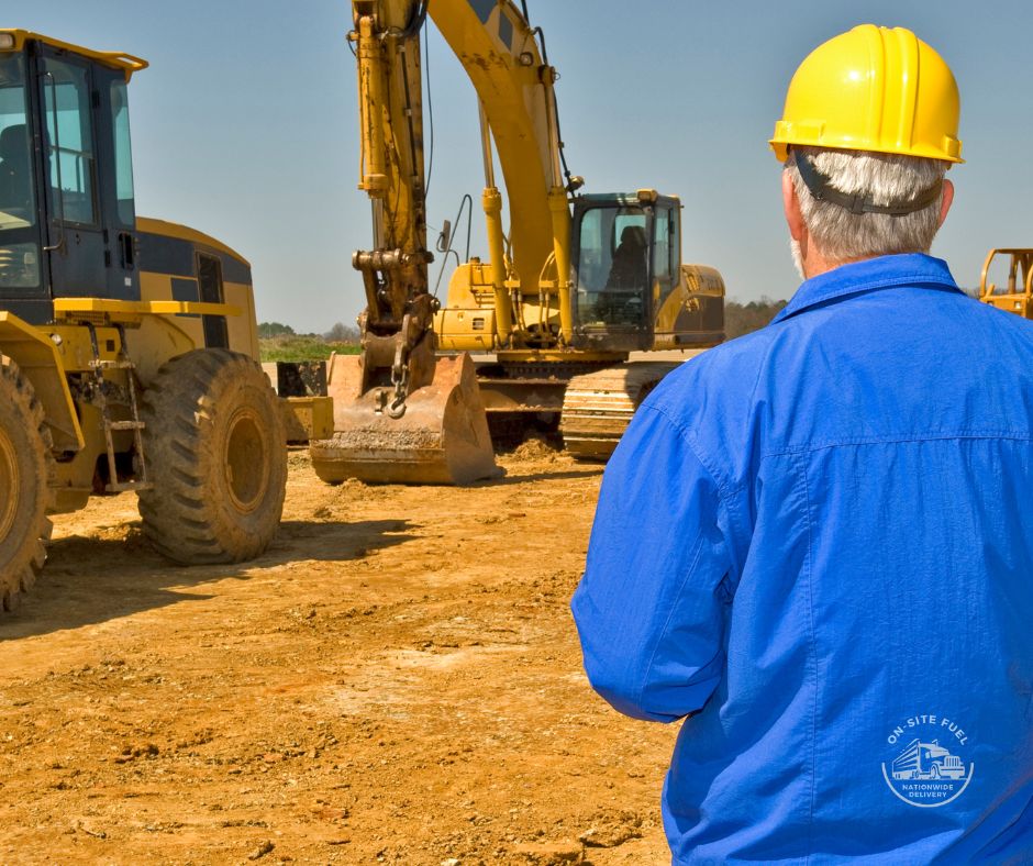 On-Site Fuel Reliability. Construction site with worker and heavy equipment.