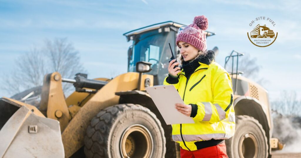 Bulldozer with woman on two way radio. On-Site Fuel Prices